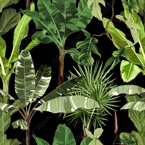 Bananas tree. Seamless floral pattern with exotic plant and fan palm leaves. Tropical pattern on a black background. 