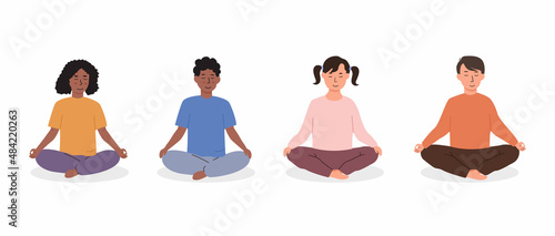 Diverse kids meditating. Children doing yoga exercise. Meditation lesson in kindergarten concept. Set of different race young female and male characters sitting on floor calmly. Vector illustration.