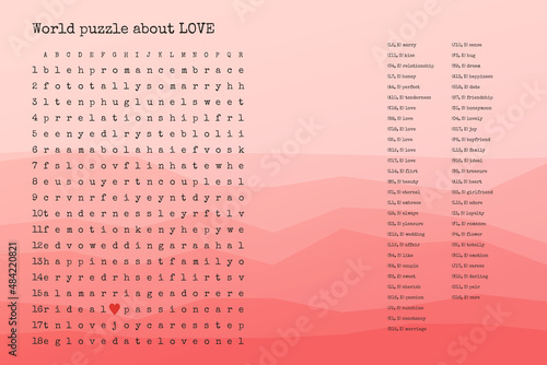 Valentines day word puzzle crossword - find the listed words about love in the brain work puzzle. attentiveness test, riddle game in English. words are located forward and down