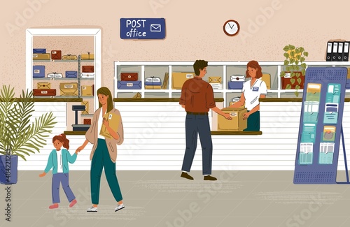 Post office interior concept vector posters. Woman gives parcel to customer in post office. Shelves with cardboard packages and mail envelops
