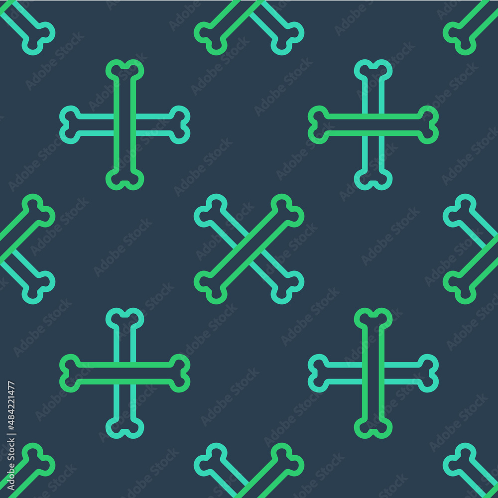 Line Crossed bones icon isolated seamless pattern on blue background. Pets food symbol. Happy Halloween party. Vector