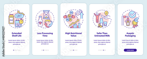 Advantages of UHT milk onboarding mobile app screen. Pasteurization walkthrough 5 steps graphic instructions pages with linear concepts. UI, UX, GUI template. Myriad Pro-Bold, Regular fonts used