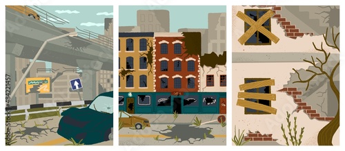 Abandoned city buildings concet vector posters set. People left town after earthquake or apocaliptic disaster. City house with boarded up windows and broken wall. Damage zone. City ruins