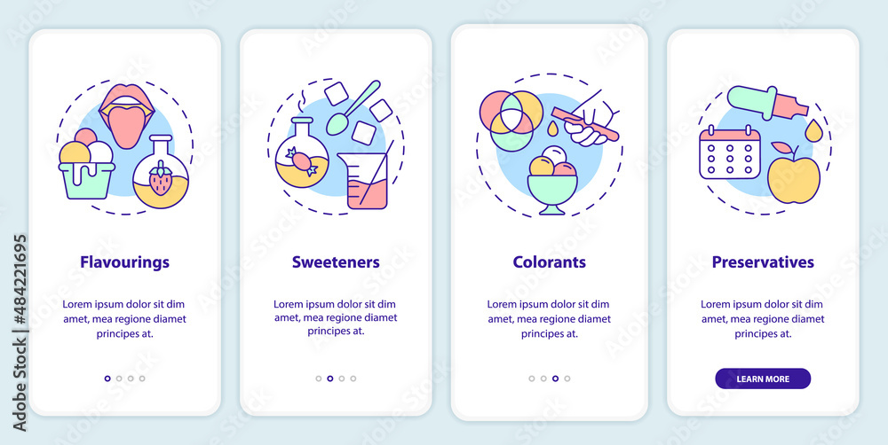 Food additives onboarding mobile app screen. Synthetic and natural walkthrough 4 steps graphic instructions pages with linear concepts. UI, UX, GUI template. Myriad Pro-Bold, Regular fonts used