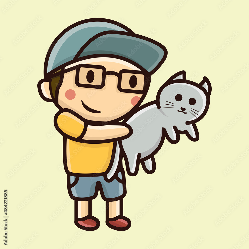 Obraz premium Cute boy with cat cartoon vector icon illustration logo mascot hand drawn concept trandy cartoon