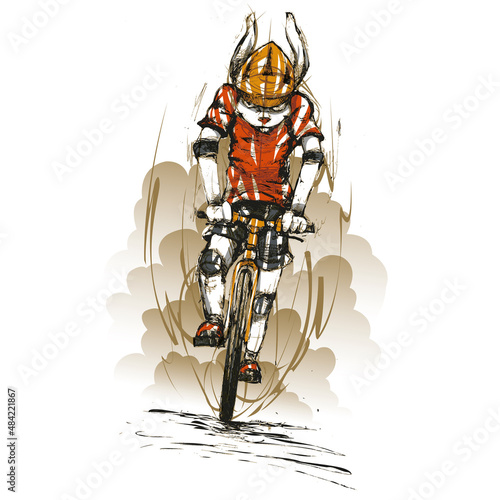 Rabbit mascot of a cycling team. White rabbit riding fast on bicycle leaving a dust cloud behind him. Cycling mascot illustration concept.