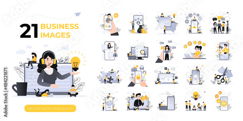 Business Concept illustrations. Mega set. Collection of scenes with men and women taking part in business activities. Vector illustration