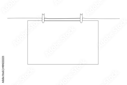 Single continuous line drawing one blank square note paper card hanging with wooden clip or clothespin on rope string peg. Vector illustration.