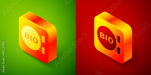 Isometric Bio green healthy food icon isolated on green and red background. Organic product. Healthy food sticker. Square button. Vector