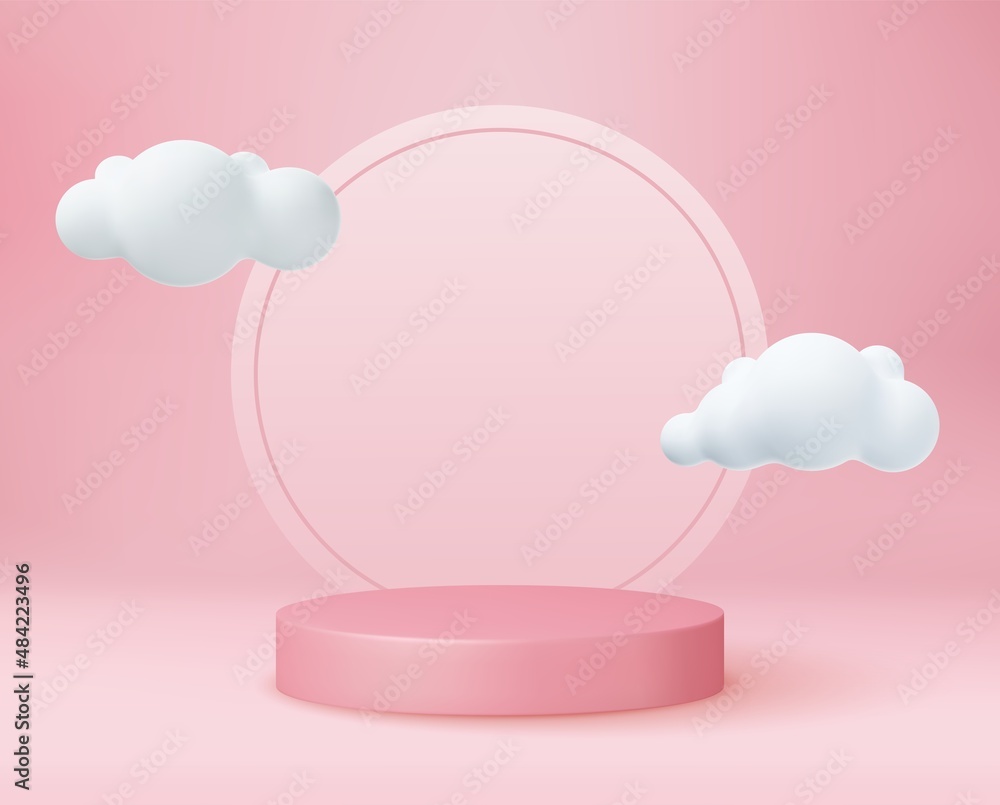 3d pink rendering with podium and cloud white scene