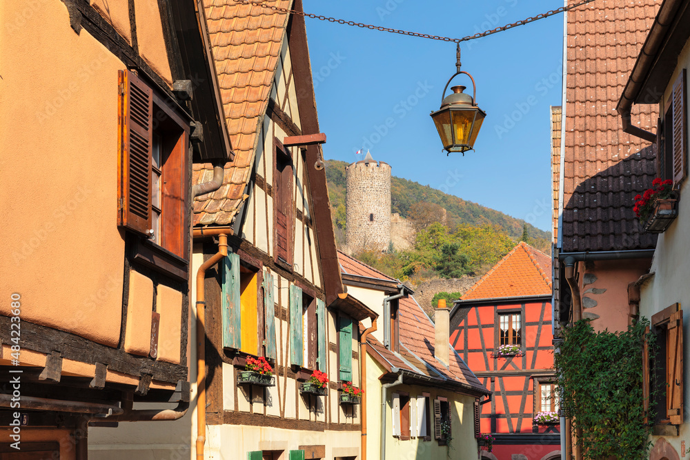 Half-timbered houses and castle, Kaysersberg, Alsace, Alsatian Wine Route, Haut-Rhin, France Half-timbered houses and castle, Kaysersberg, Alsace, Alsatian Wine Route, Haut-Rhin, France