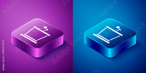 Isometric Stage stand or debate podium rostrum icon isolated on blue and purple background. Conference speech tribune. Square button. Vector