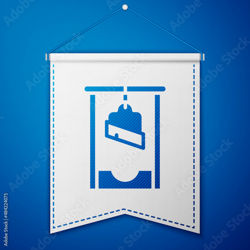 Blue Guillotine medieval execution icon isolated on blue background. White pennant template. Vector