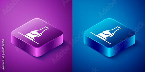 Isometric Bottle of wine icon isolated on blue and purple background. Square button. Vector