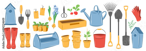 Spring garden element set. Farm agricultural tools. Vector illustration.