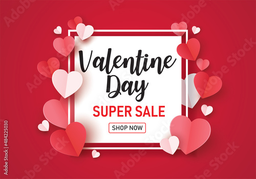 Sale valentines day with heart on red background. love sale greeting card banner. heart paper cut with frame square . vector illustration paper cut style.