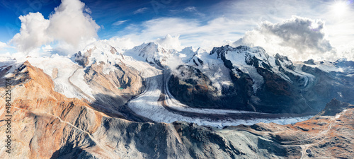 Aerial panoramic view of Gorner Glacier, Lyskamm, Monte Rosa, Castor and Pollux mountains, Zermatt, Valais, Swiss Alps, Switzerland photo