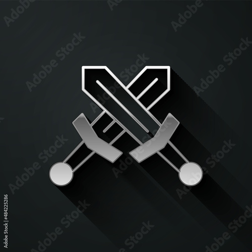 Silver Crossed medieval sword icon isolated on black background. Medieval weapon. Long shadow style. Vector