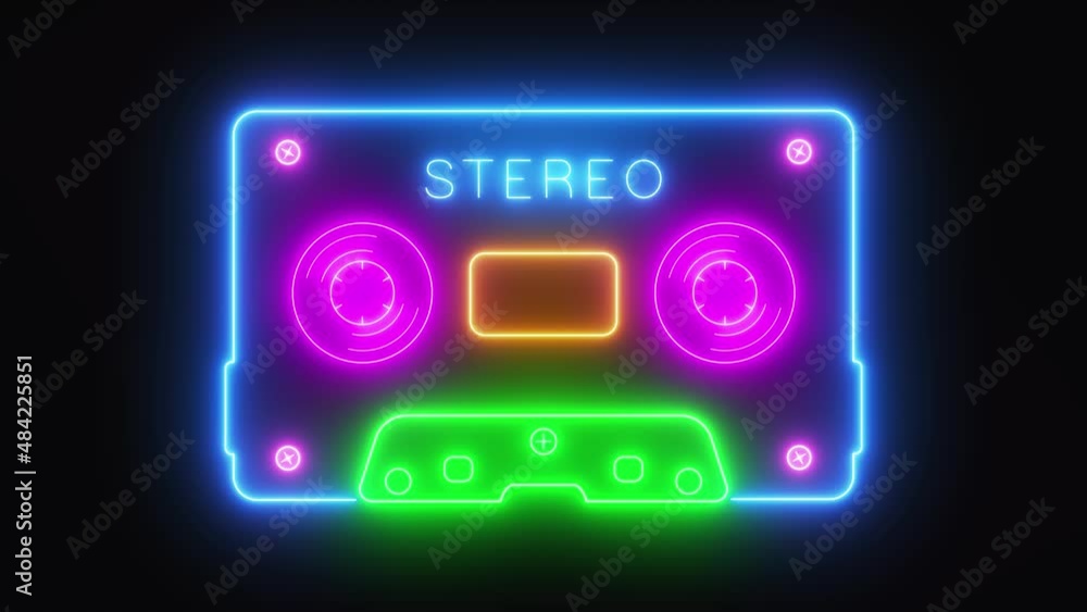 Video animation of an audio cassette in retro neon, animated on a dark background - seamless loop - abstract background Video animation of an audio cassette in retro neon, animated on a dark background - seamless loop - abstract background
