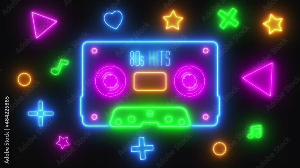 Video animation of an audio cassette in retro neon, animated on a dark background - seamless loop - abstract background Video animation of an audio cassette in retro neon, animated on a dark background - seamless loop - abstract background