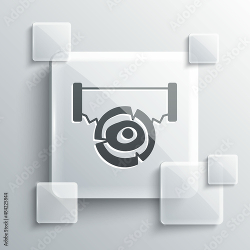 Grey Two-handed saw and log icon isolated on grey background. Square glass panels. Vector