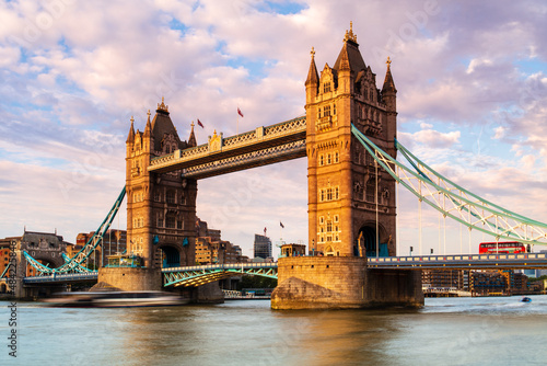 Tower Bridge and a London bus in the afternoon light, London, England