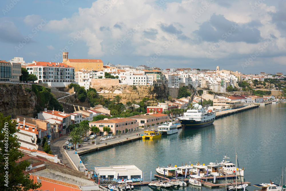 View over harbour to the city skyline, the Church of Santa Maria prominent, Mao (Mahon, Menorca, Balearic Islands View over harbour to the city skyline, the Church of Santa Maria prominent, Mao (Mahon, Menorca, Balearic Islands