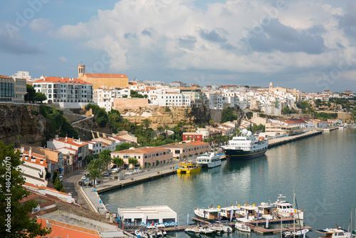 View over harbour to the city skyline, the Church of Santa Maria prominent, Mao (Mahon, Menorca, Balearic Islands photo