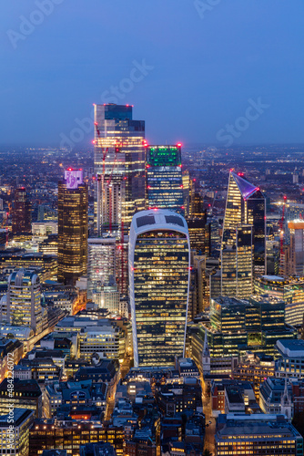City of London skyscrapers at dusk, including Walkie Talkie building, from above, London, England