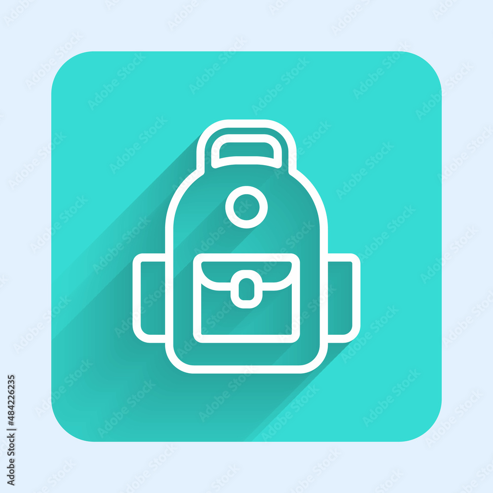 White line School backpack icon isolated with long shadow. Green square button. Vector White line School backpack icon isolated with long shadow. Green square button. Vector