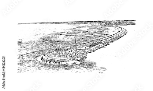 Building view with landmark of Mar del Plata is the 
city in Argentina. Hand drawn sketch illustration in vector.