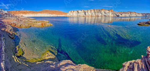The emerald blue waters of Lake Powell just north of the Glen Canyon Dam in an area called The Chains, near Page, Arizona photo