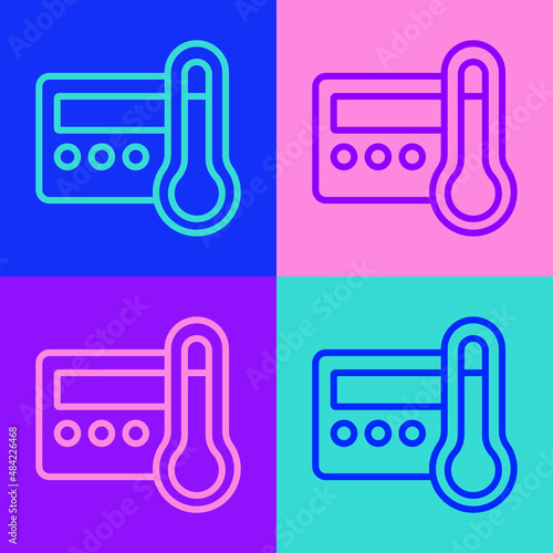 Pop art line Thermostat icon isolated on color background. Temperature control. Vector