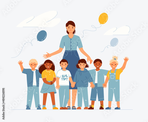 Kindergarten teacher with children standing in row bonding, hold hands, hug each other, wave in friendly way. Flat cartoon vector illustration.