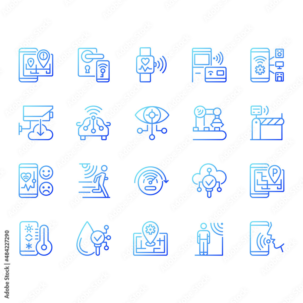 IoT gradient linear vector icons set. Wifi regulation. Internet of Things. Thin line contour symbol designs bundle. Isolated outline illustrations collection. Quicksand-Light font used