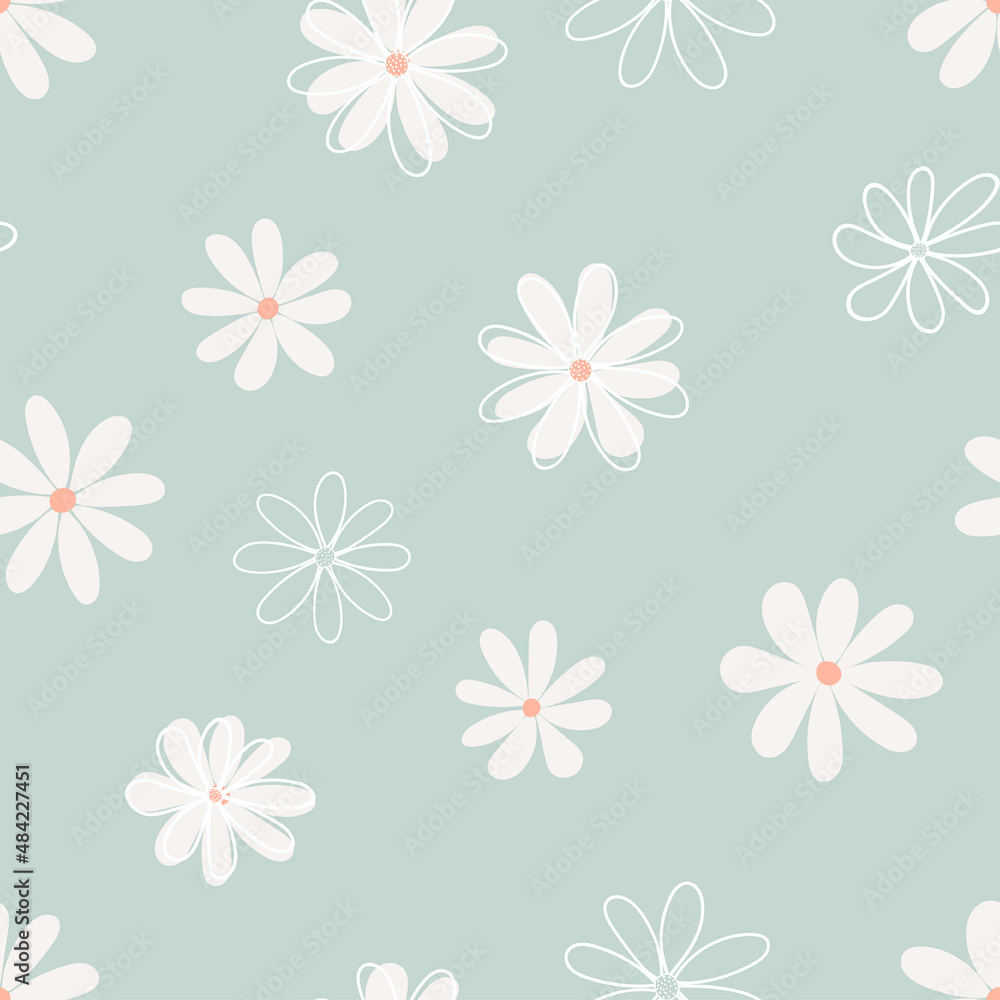Floral seamless pattern with simple flower in light turquoise background.
