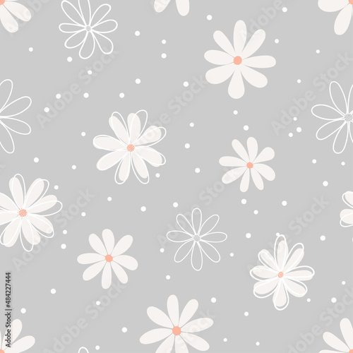 Floral seamless pattern with simple flower in gray background.