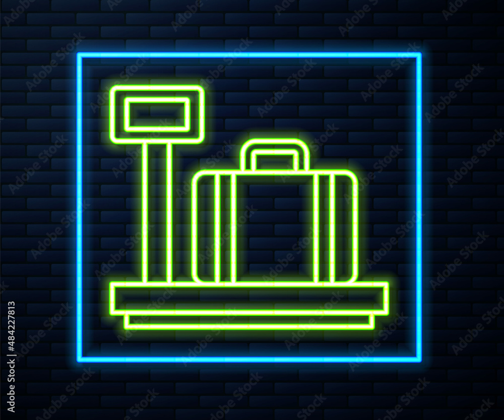 Glowing neon line Scale with suitcase icon isolated on brick wall background. Logistic and delivery. Weight of delivery package on a scale. Vector Glowing neon line Scale with suitcase icon isolated on brick wall background. Logistic and delivery. Weight of delivery package on a scale. Vector