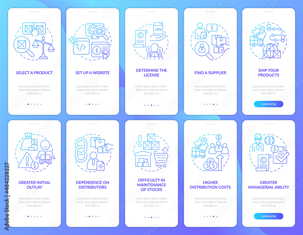 Export, import business blue gradient onboarding mobile app screen set. Walkthrough 5 steps graphic instructions pages with linear concepts. UI, UX, GUI template. Myriad Pro-Bold, Regular fonts used Export, import business blue gradient onboarding mobile app screen set. Walkthrough 5 steps graphic instructions pages with linear concepts. UI, UX, GUI template. Myriad Pro-Bold, Regular fonts used