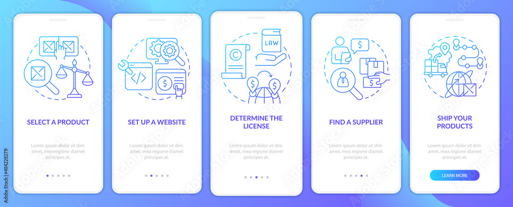 How to start export business blue gradient onboarding mobile app screen. Walkthrough 5 steps graphic instructions pages with linear concepts. UI, UX, GUI template. Myriad Pro-Bold, Regular fonts used How to start export business blue gradient onboarding mobile app screen. Walkthrough 5 steps graphic instructions pages with linear concepts. UI, UX, GUI template. Myriad Pro-Bold, Regular fonts used