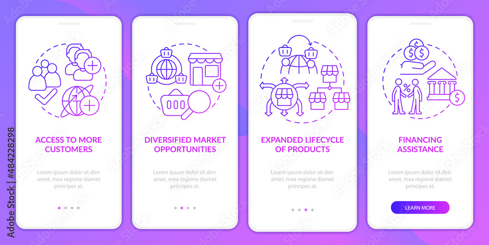 Export business advantages purple gradient onboarding mobile app screen. Walkthrough 4 steps graphic instructions pages with linear concepts. UI, UX, GUI template. Myriad Pro-Bold, Regular fonts used