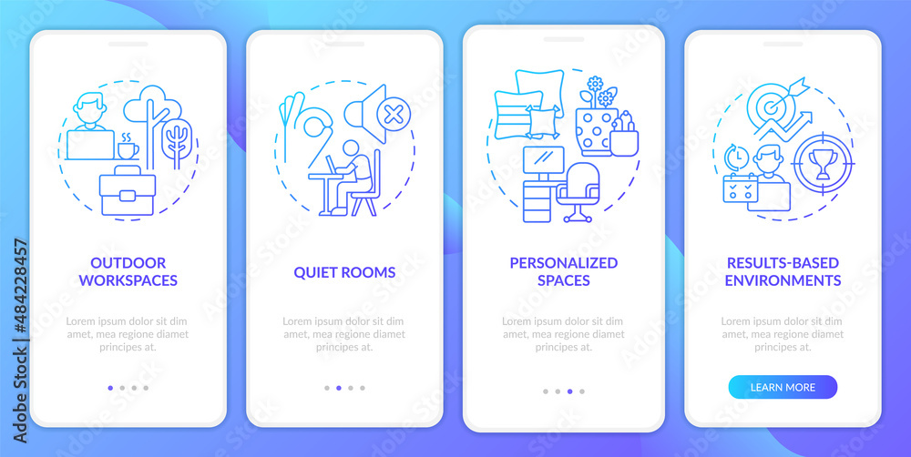 Conducive work environment blue gradient onboarding mobile app screen. Walkthrough 4 steps graphic instructions pages with linear concepts. UI, UX, GUI template. Myriad Pro-Bold, Regular fonts used