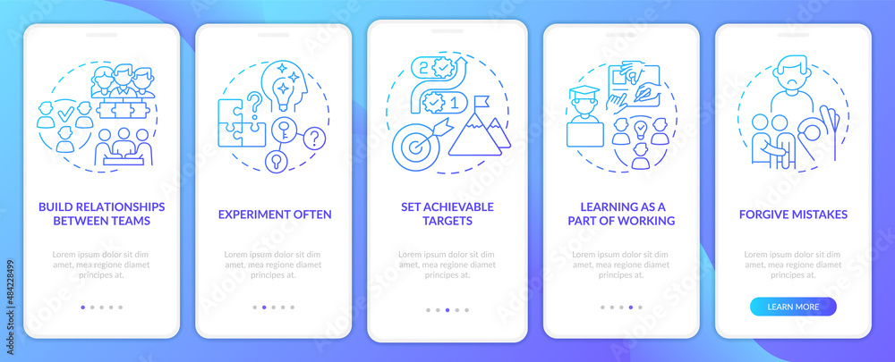 Worker stimulation ideas blue gradient onboarding mobile app screen. Walkthrough 5 steps graphic instructions pages with linear concepts. UI, UX, GUI template. Myriad Pro-Bold, Regular fonts used