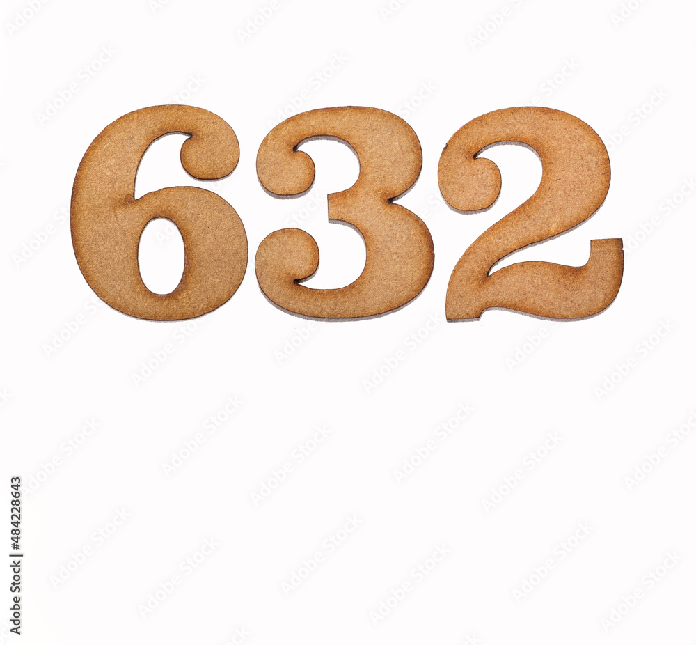 Number 632 in wood, isolated on white background Number 632 in wood, isolated on white background
