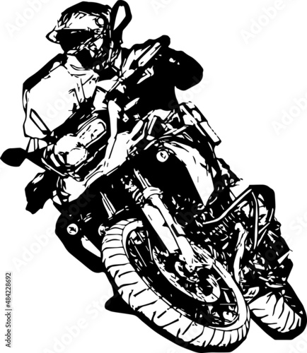 Biker on a motorcycle riding fast on the road. White silhouette of a motorcyclist in a helmet on a bike on a black background.