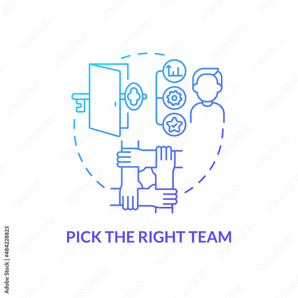 Pick right team blue gradient concept icon. Escape room strategy abstract idea thin line illustration. Encourage cooperation and teamwork. Isolated outline drawing. Myriad Pro-Bold font used Pick right team blue gradient concept icon. Escape room strategy abstract idea thin line illustration. Encourage cooperation and teamwork. Isolated outline drawing. Myriad Pro-Bold font used