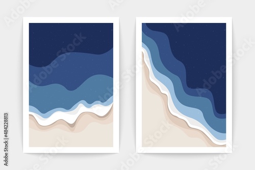 Ocean landscape posters top view. Sea waves from above, cartoon seaside, beach scene, isolated backgrounds. Vector set