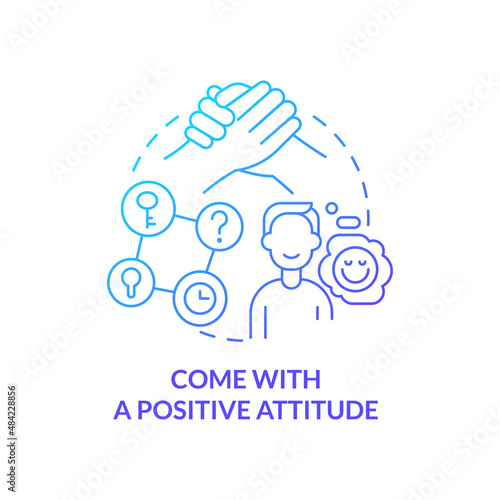 Come with positive attitude blue gradient concept icon. Escape room method abstract idea thin line illustration. High-spirited participants. Isolated outline drawing. Myriad Pro-Bold font used
