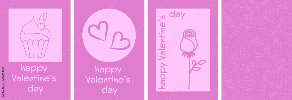 set of four pink valentines, love symbols on a delicate background, a glass of champagne, hearts, minimalism, flat vector graphics, sketch, place for text, valentines day greeting card, vector set of four pink valentines, love symbols on a delicate background, a glass of champagne, hearts, minimalism, flat vector graphics, sketch, place for text, valentines day greeting card, vector