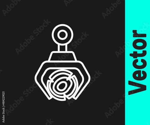 White line Grapple crane grabbed a log icon isolated on black background. Forest industry. Industrial crane for lumber trunk wood production. Vector